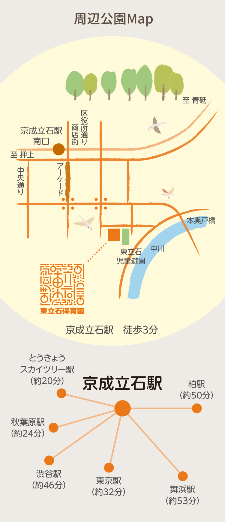 周辺公園MAP　至青砥　京成立石駅　南口　区役所通り　商店街　至押上　中央通り　アーケード　東立石児童遊園　中川　本奥戸橋　京成立石駅　徒歩３分　とうきょうスカイツリー駅（約２０分）　秋葉原駅（約２４分）　渋谷駅（約４６分）　東京駅（約３２分）　舞浜駅（約５３分）　柏駅（約５０分）　京成立石駅